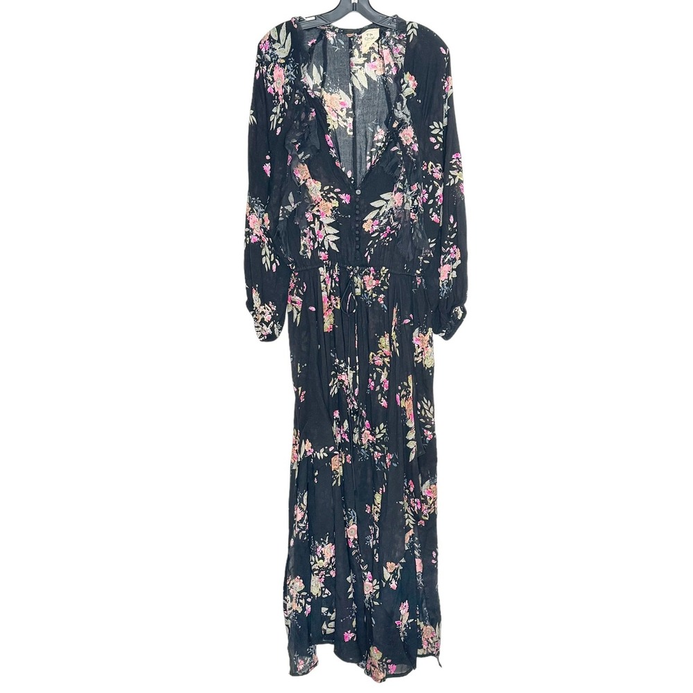 Free People Boho Floral Black Wide Leg Jumpsuit Flowy Festival Hippie Vacation M